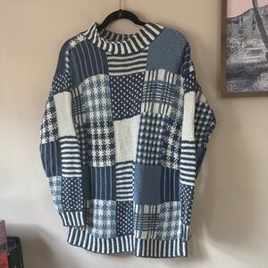Vintage Paul Harris Blue HANDKNIT Patchwork Pullover Sweater Size Medium